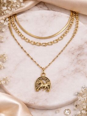 Coastal Cowgirl Layered Necklace Stack Horseshoe Horse Pendant 18KGP Gold Plated